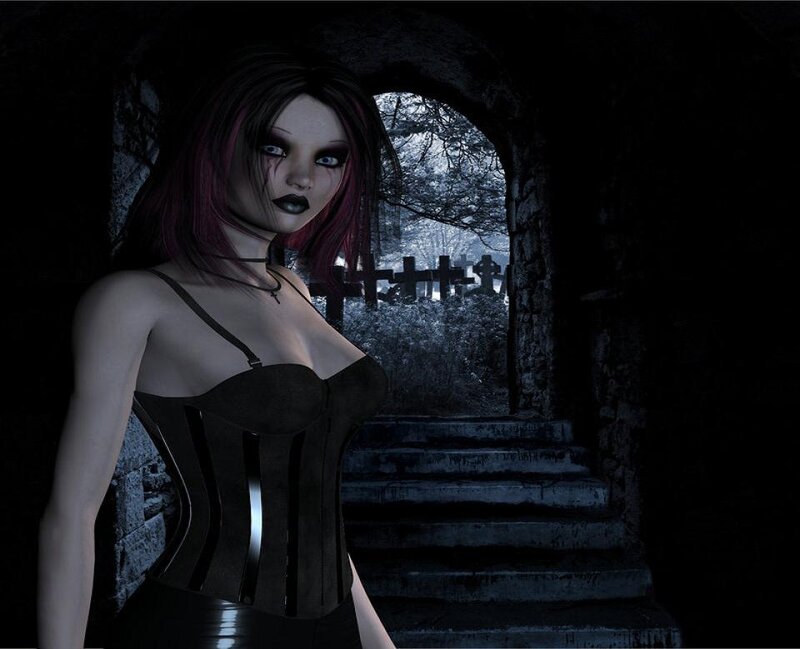 woman in gothic corset at graveyard