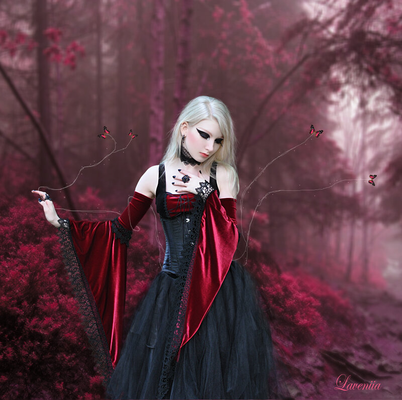 Woman in Gothic Dress — Black, Dramatic, Digital Art, Butterflies