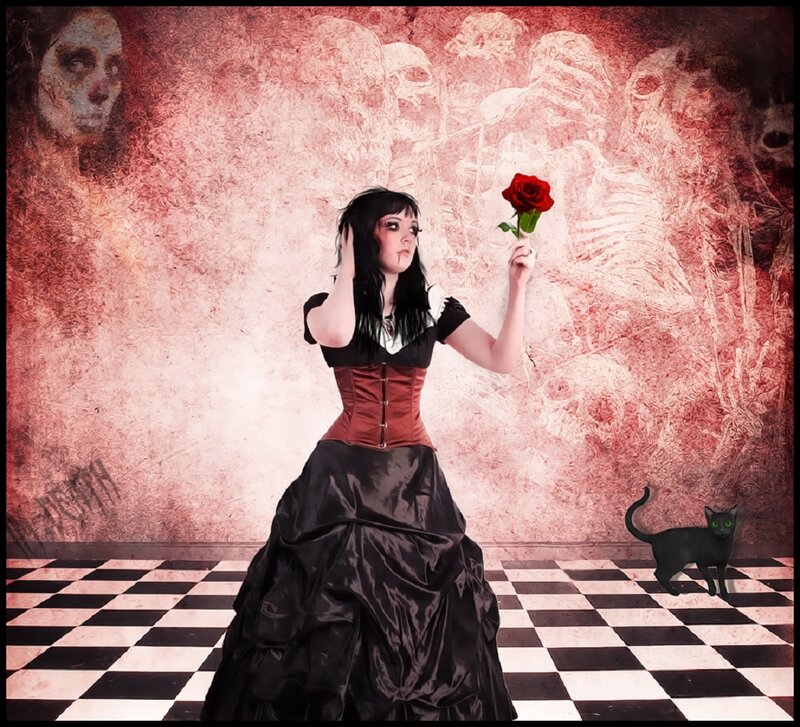 Woman in Gothic Dress — Black, Dramatic, Digital Art, Red Rose