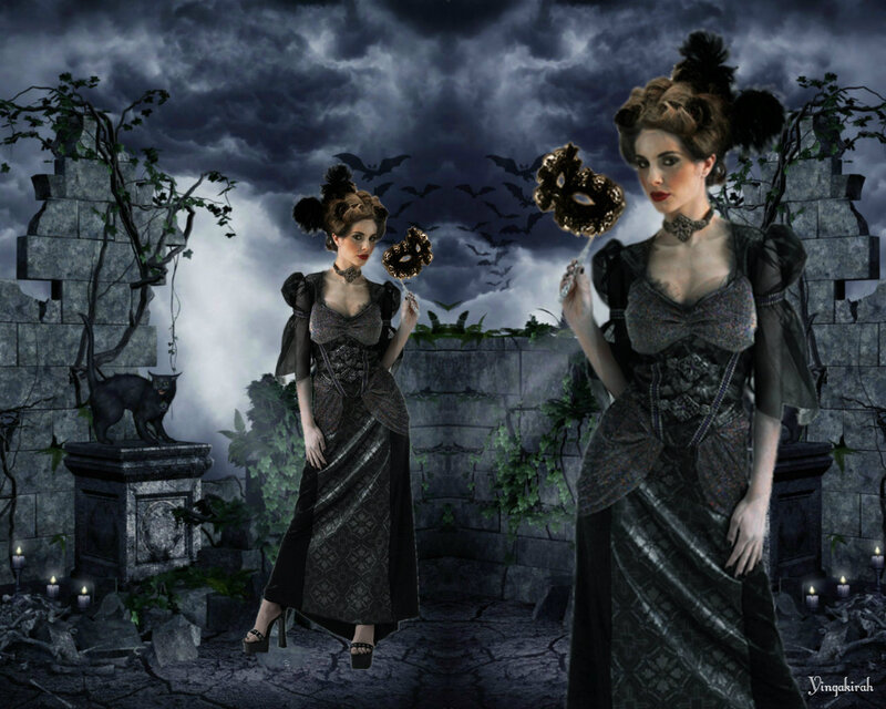 Woman in Gothic Dress — Black, Dramatic, Night, Digital Art, Cat