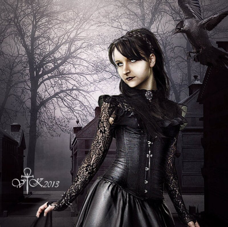 Woman in Gothic Dress — Black, Dramatic, Night, Digital Art, Crow