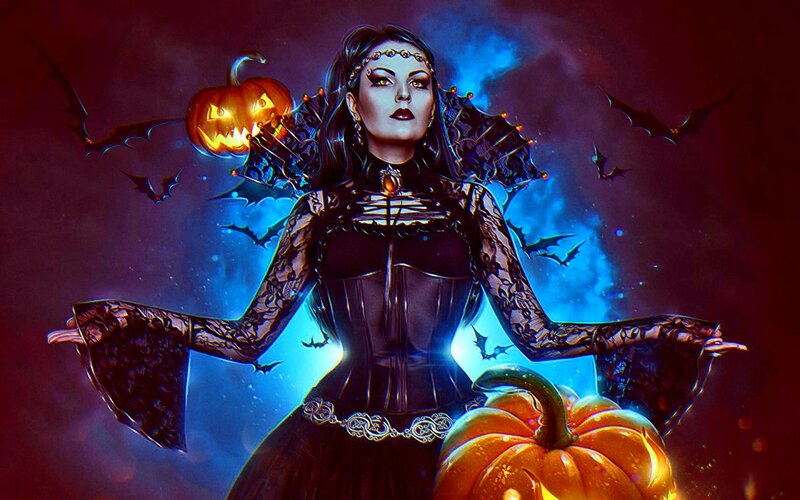 Woman in Gothic Dress — Black, Dramatic, Night, Digital Art, Pumpkin, Bats