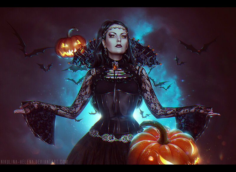 Woman in Gothic Dress — Black, Dramatic, Night, Digital Art, Pumpkin