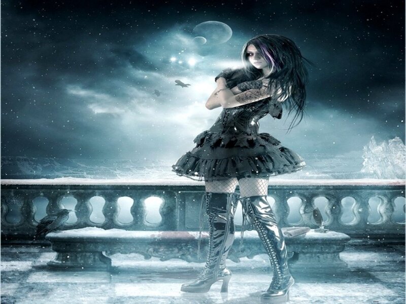Woman in Gothic Dress — Black, Dramatic, Night, Digital Art, Snow