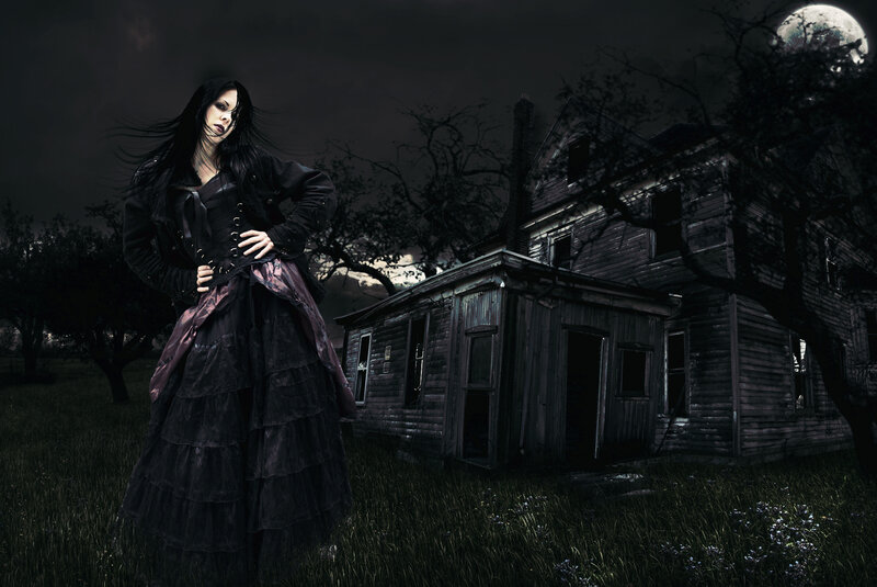 Woman in Gothic Dress — Black, Dramatic, Night