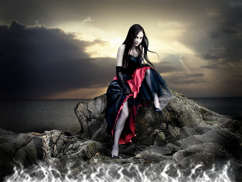 Woman in Gothic Dress — Black, Dramatic, Sunset, Digital Art, Rocks