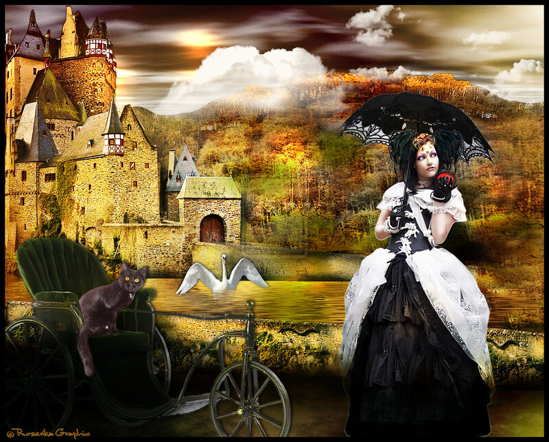Woman in Gothic Dress — Black, Dramatic, Sunset