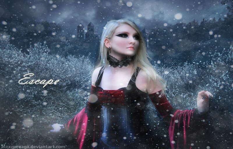 Woman in Gothic Dress — Black, Dramatic, Winter, Digital Art, Snow