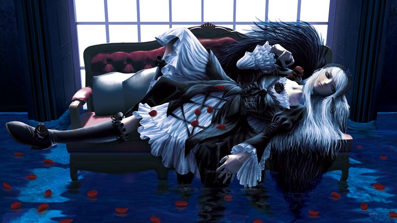 Woman in Gothic Dress — Blue, Dramatic, Digital Art, Couch