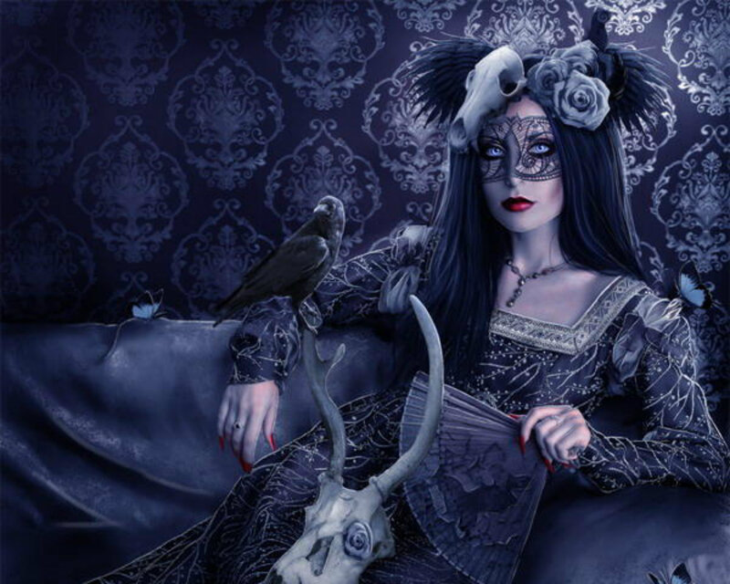 Woman in Gothic Dress — Purple, Dramatic, Night, Digital Art, Crow