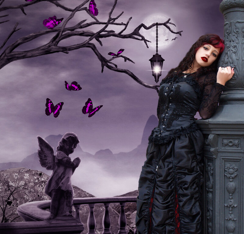 Woman in Gothic Dress — Purple, Dramatic, Night, Digital Art