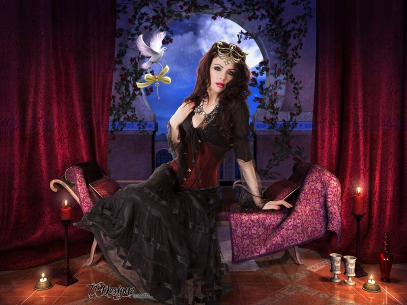 Woman in Gothic Dress — Red, Dramatic, Night