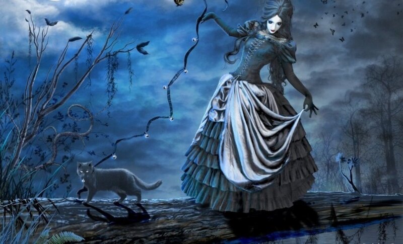 woman in gothic dress with cat