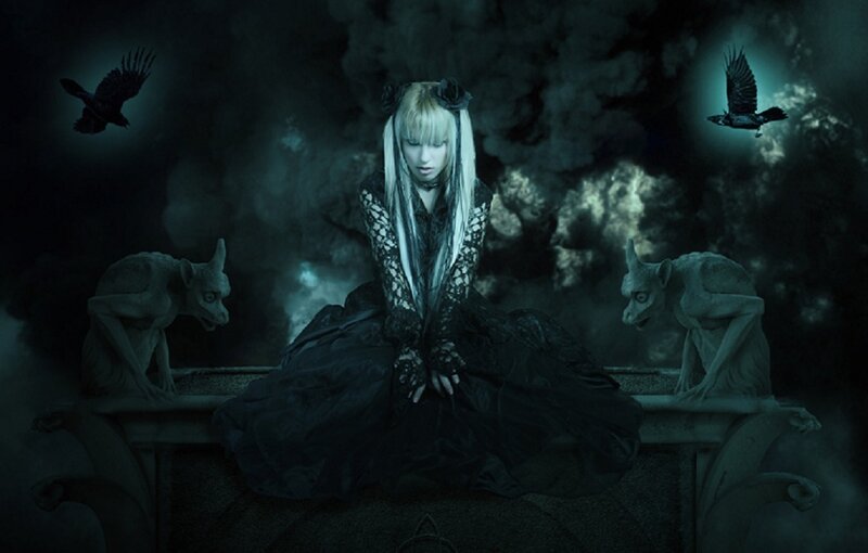 woman in gothic dress with crows