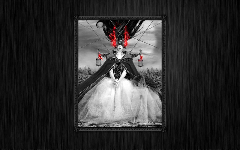 woman in gothic dress with red flames