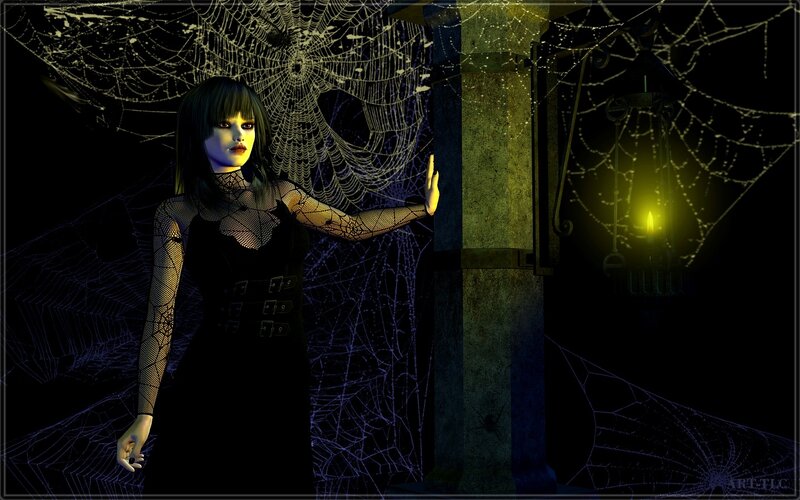 woman in gothic dress with spiderwebs