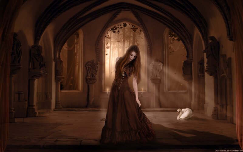 woman in gothic hall with swan