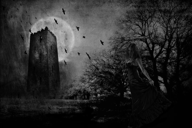 Woman in gothic landscape