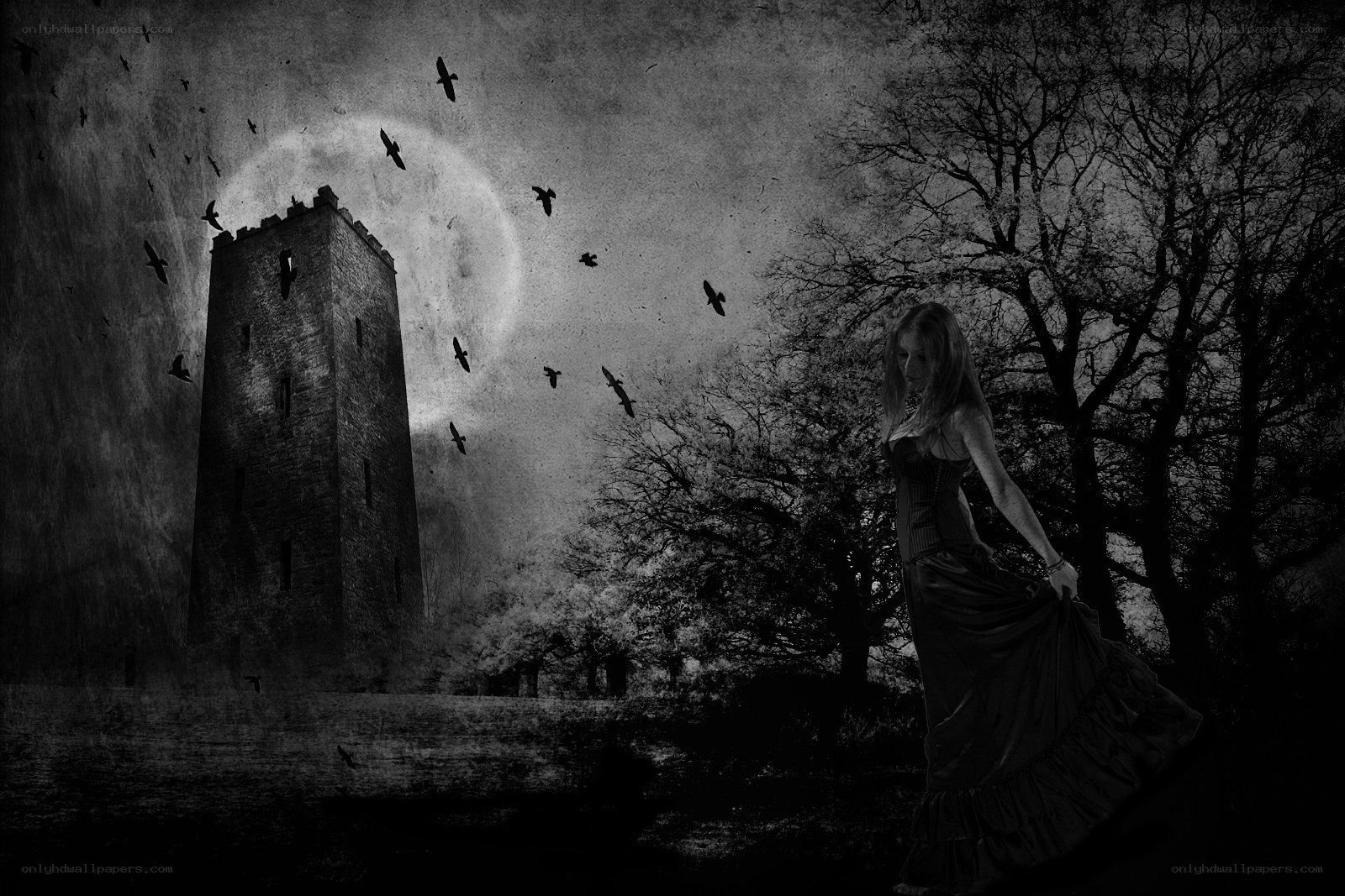 Woman in gothic landscape