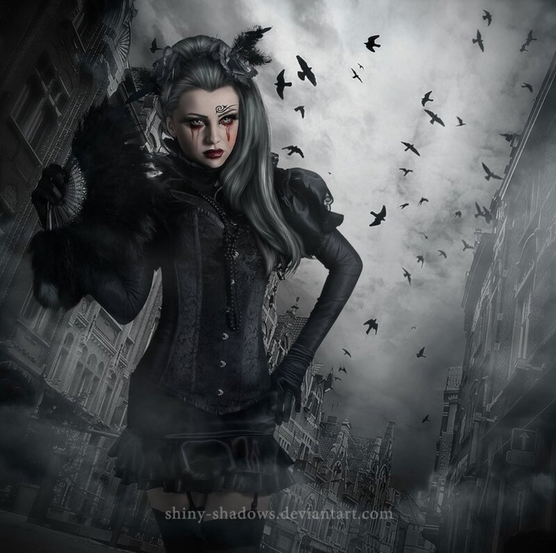 Woman in Gothic Outfit — Black, Dramatic, Night, Digital Art