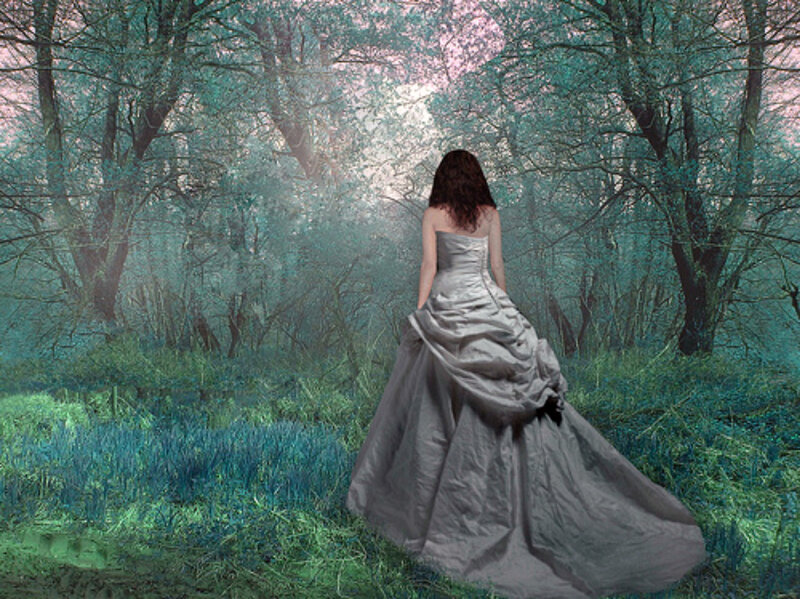 woman in gown in forest