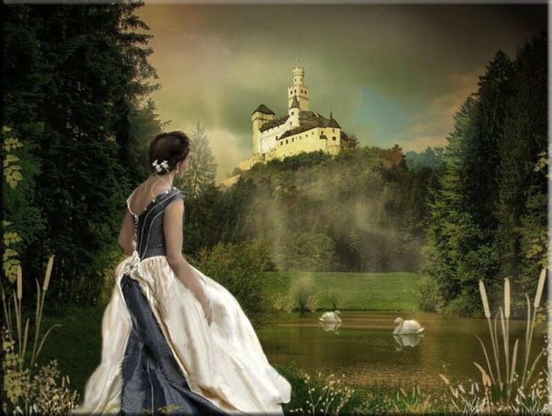 Woman in Gown Looking at Castle