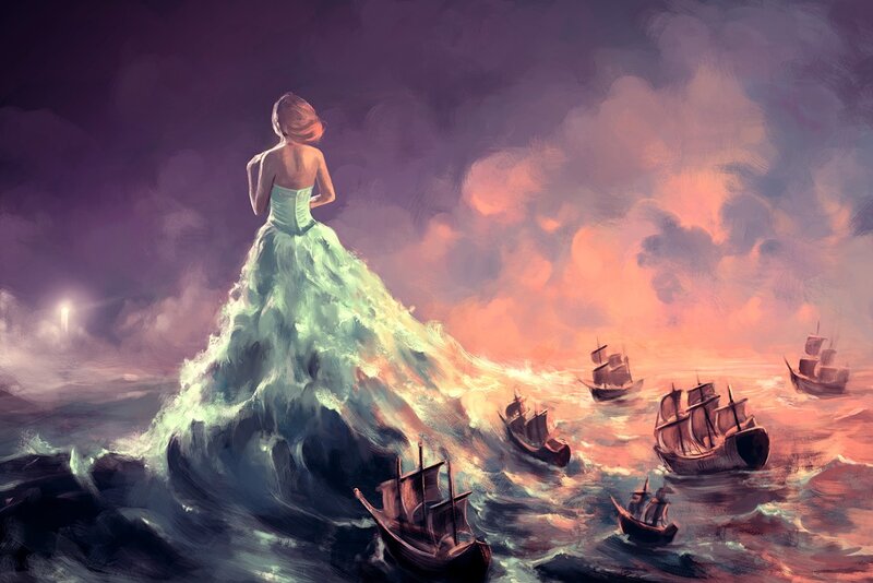 woman in gown on a wave