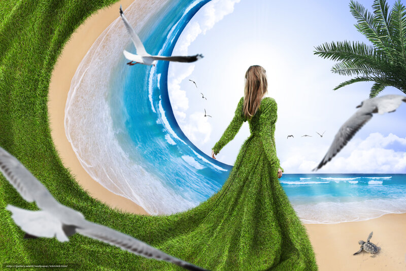 woman in grass dress on beach