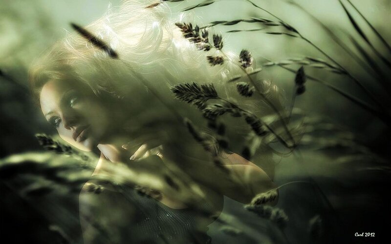 Woman in Grass Field — Green, Dreamy