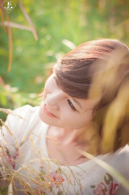 Woman in Grass Field — Green, Serene, Afternoon, Photograph, Sunlight, Shirt