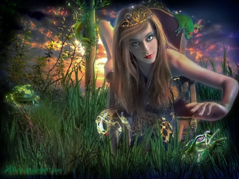Woman in Grass with Frogs