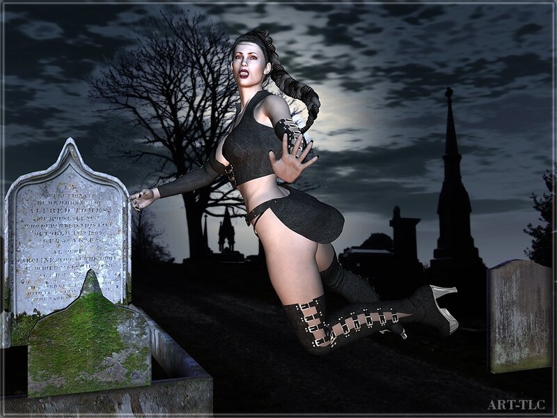 woman in graveyard at night
