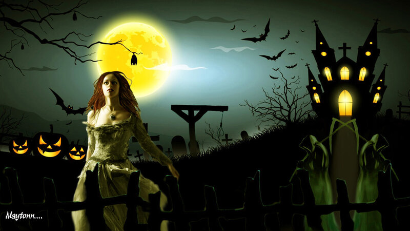 Woman in Graveyard — Black, Dark, Night, Digital Art, Moon, Bats