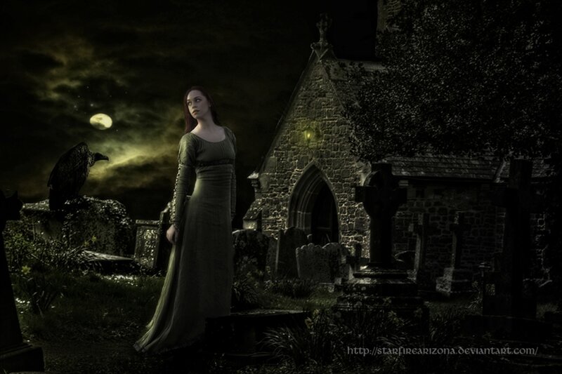 Woman in Graveyard — Black, Dark, Night, Digital Art, Moon, Cemetery