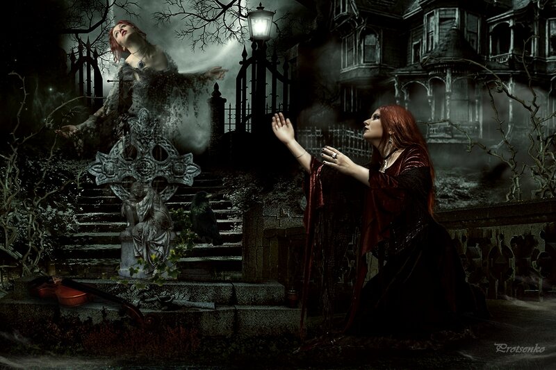 Woman in Graveyard — Black, Dramatic, Night