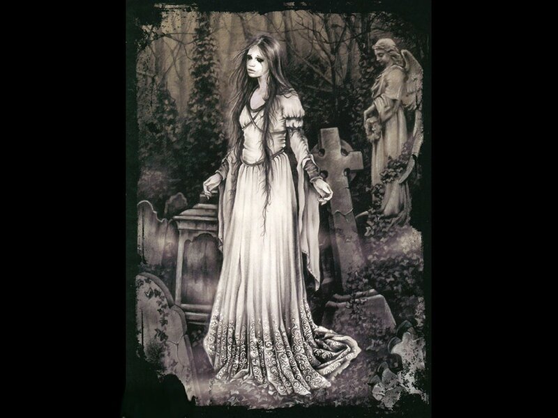 Woman in Graveyard — Black, Somber, Night, Illustration