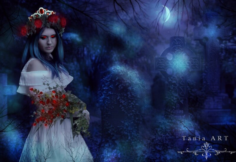 Woman in Graveyard — Blue, Dark, Night, Digital Art