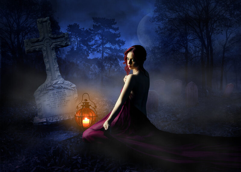 Woman in Graveyard — Blue, Dark, Night