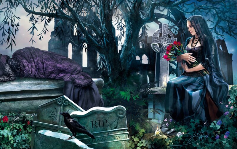 Woman in Graveyard — Blue, Somber
