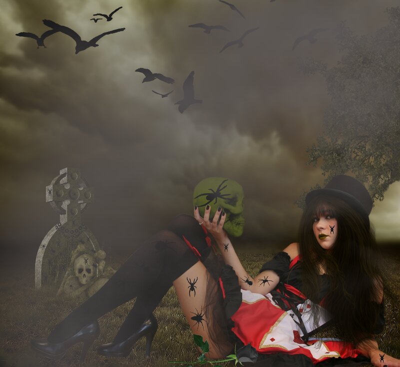 Woman in Graveyard — Green, Dark, Night