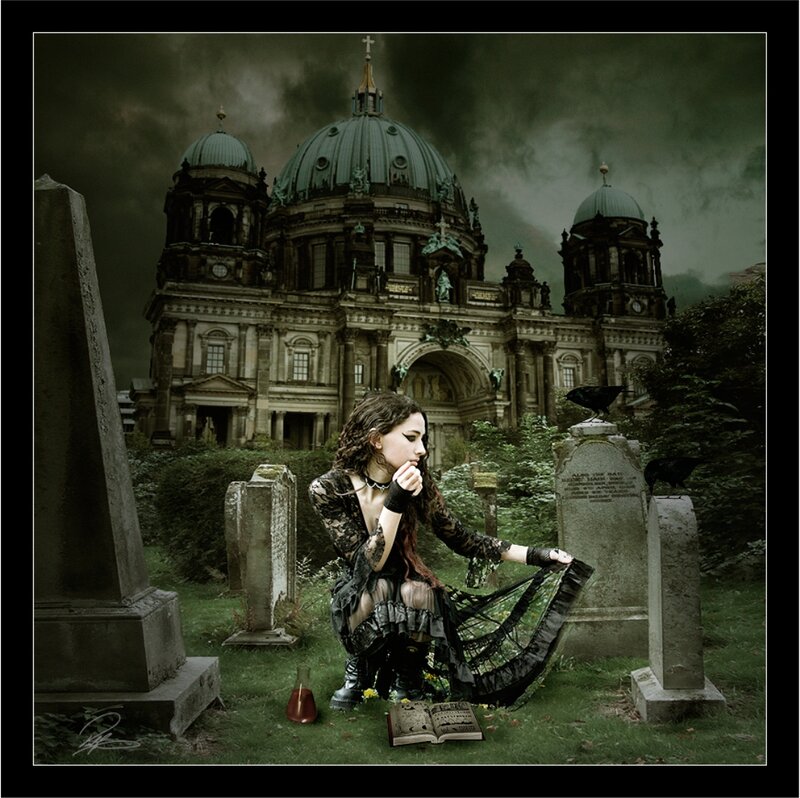 Woman in Graveyard — Green, Dramatic
