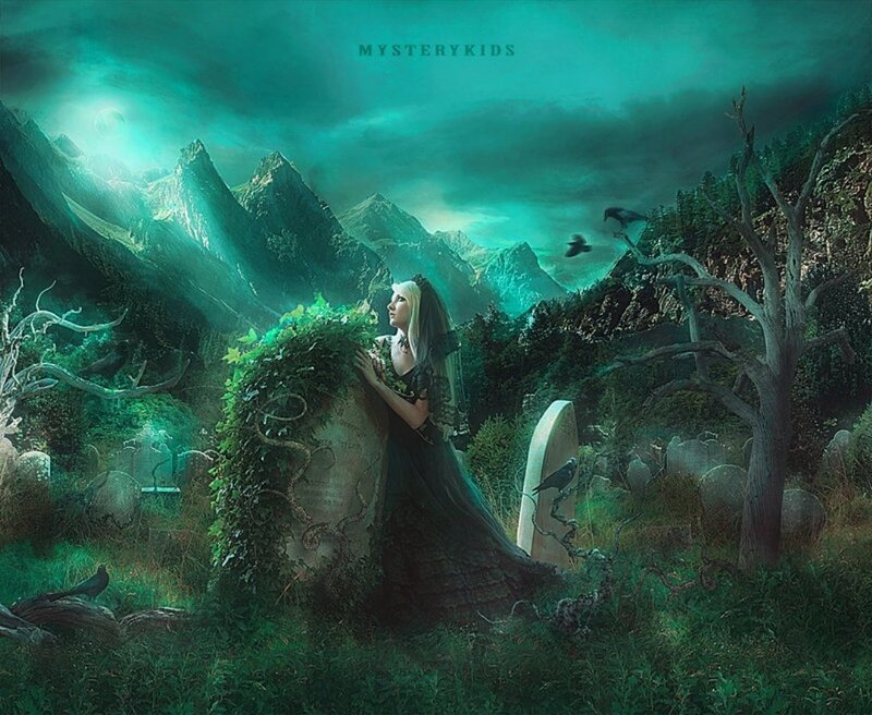Woman in Graveyard — Green, Mysterious, Night