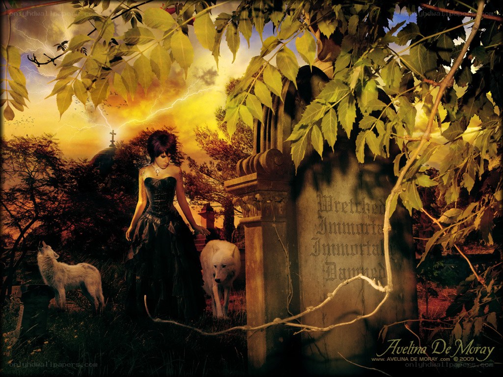 woman in graveyard with wolves