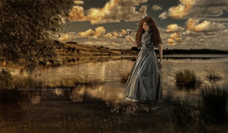 Woman in Gray Dress — Dramatic, Sunset