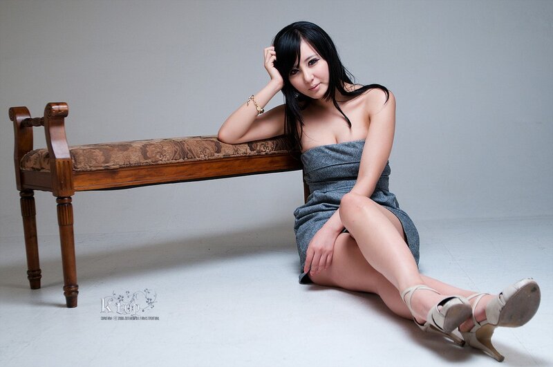 Woman in Gray Dress — Seductive, Photograph, Bench
