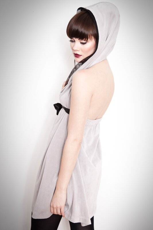 woman in gray hooded dress