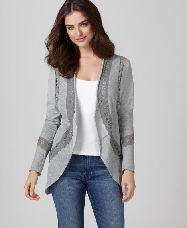 woman in gray lace cardigan