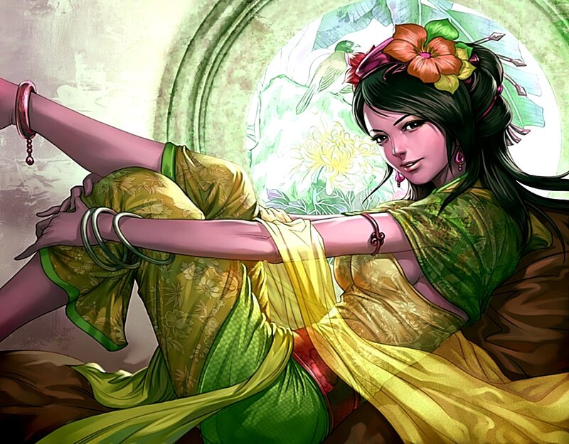 woman in green and yellow dress