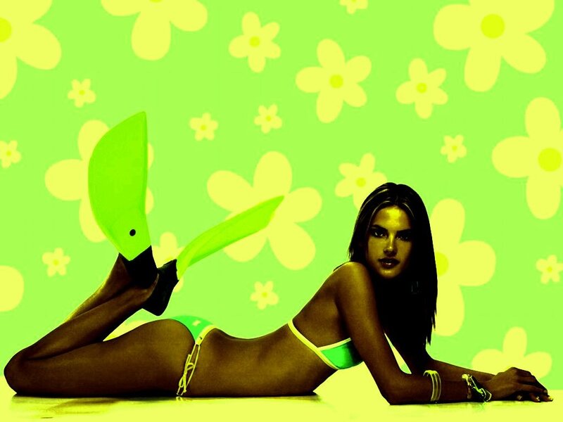 woman in green bikini with flippers