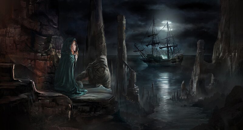 Woman in Green Cloak — Dark Blue, Dramatic